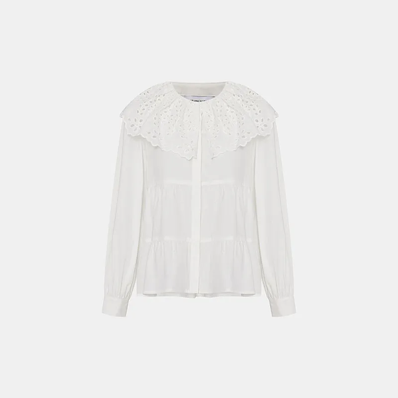 

2021 new large peter pan collar white shirt women's casual cute design long sleeve cotton top