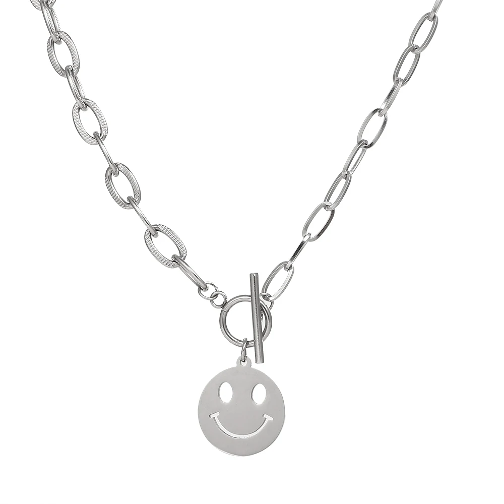 

Stainless Steel Smiley Face Pendant Necklace for Women 2021 Fashion Simple Titanium Steel Clavicle Chain Gift Accessories