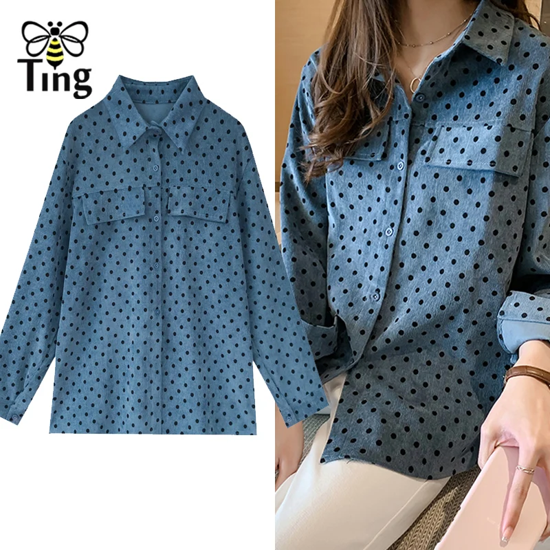 Женская Вельветовая блузка Tingfly Повседневная Свободная в горошек с длинным