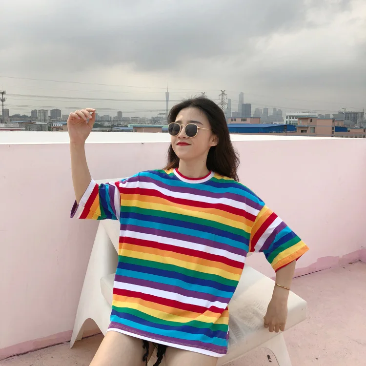 

Tshirt Short Sleeve Korean Fashion Shirt Camiseta Feminina Top T Shirt Women Rainbow Striped Punk T-shirt O-Neck Casual Harajuku