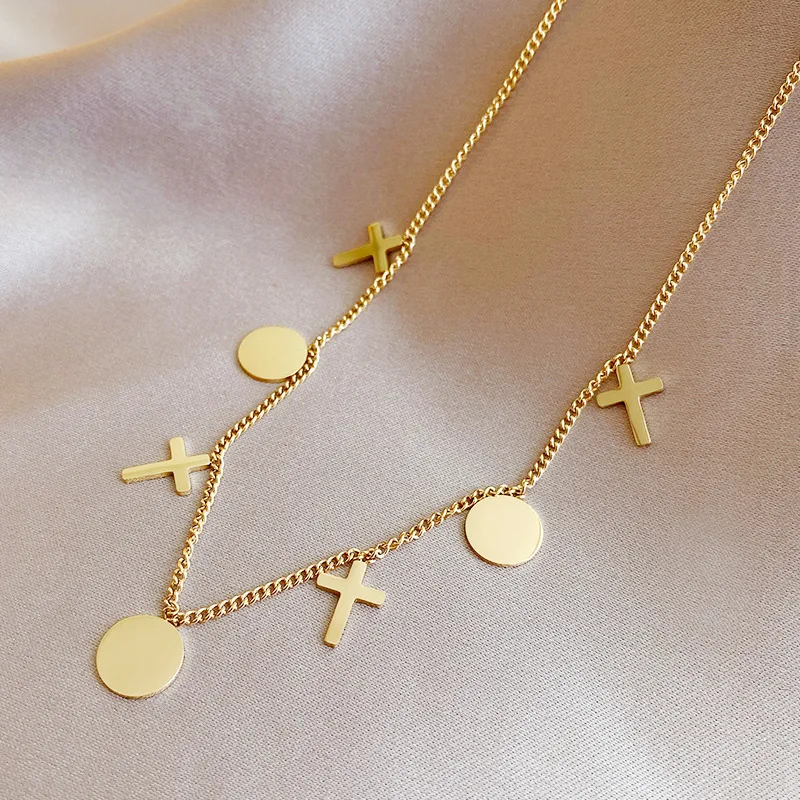 

MEYRROYU Stainless Steel Gold Color Cross Round Tag Pendant Necklace For Women Choker 2021 Trendy Gift Fashion Jewelry pulseira