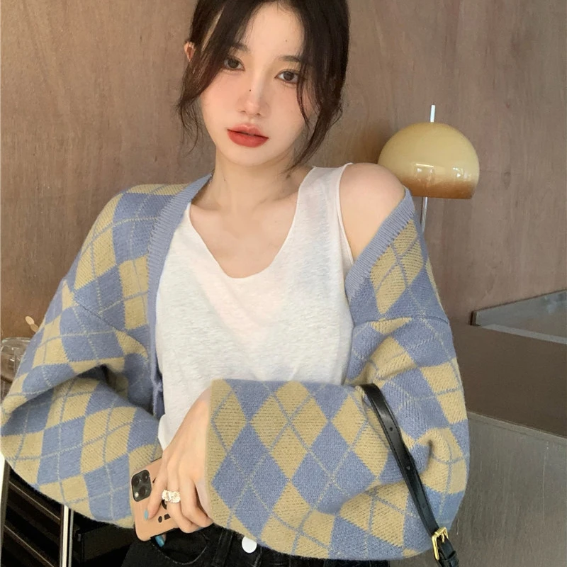 

Autumn Vintage Loose Cardigans Womens Lattice Sweaters Winter Sweater Knitted New Women Button Plaid Cardigan Loose Knit