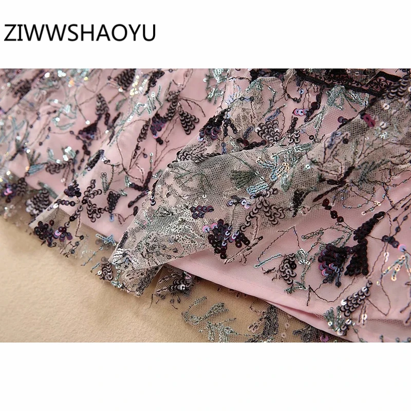 

ZIWWSHAOYU Female Summer Luxurious Sequined Mesh Mini Dress Fashion Designer Women Back Zippers Vintage Short Dresses Vestidos