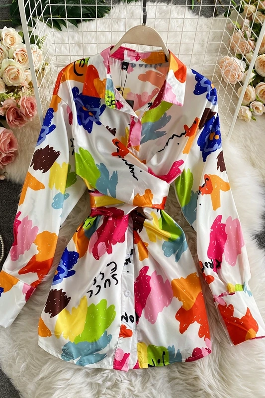 

2021 Spring Summer New Women's Mid-Length Shirt Polo Collar Irregular Tie-Dyed Satin Shirt Top Long Sleeve Slim Blouses