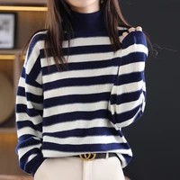 autumn and winter new high neck sweater women loose slim striped knitted sweater thick iong sleeved korean version of