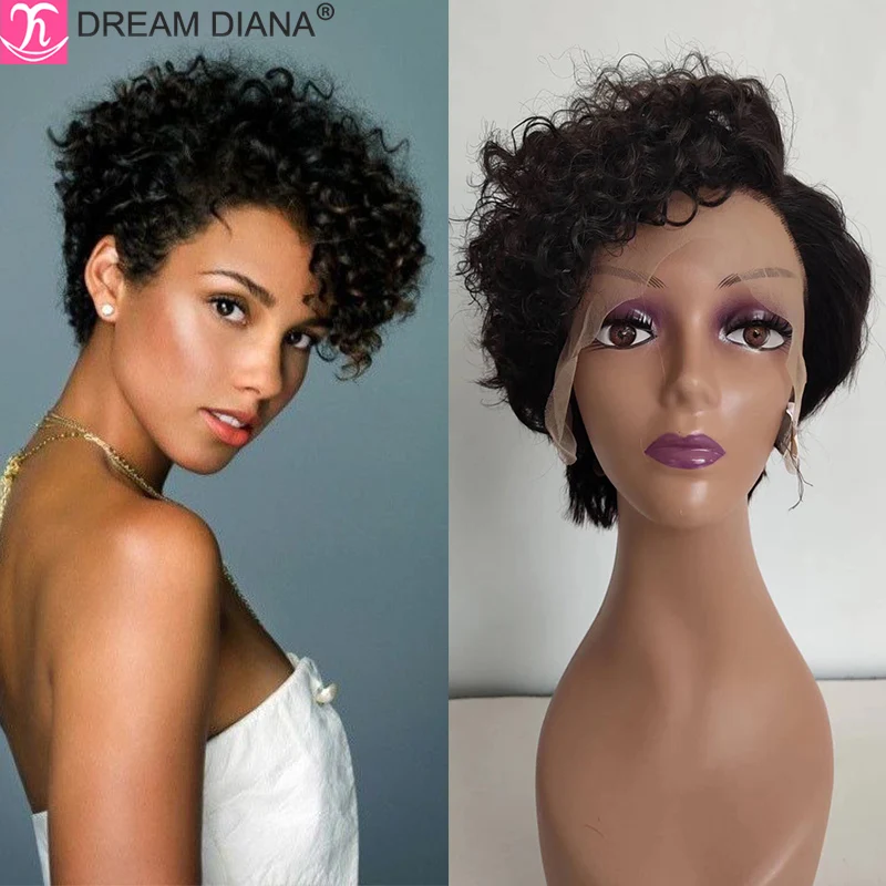 

Парик DreamDiana из 100% человеческих волос, бразильские Короткие вьющиеся передние на сетке 8 дюймов, с вырезами фекси, на сетке спереди