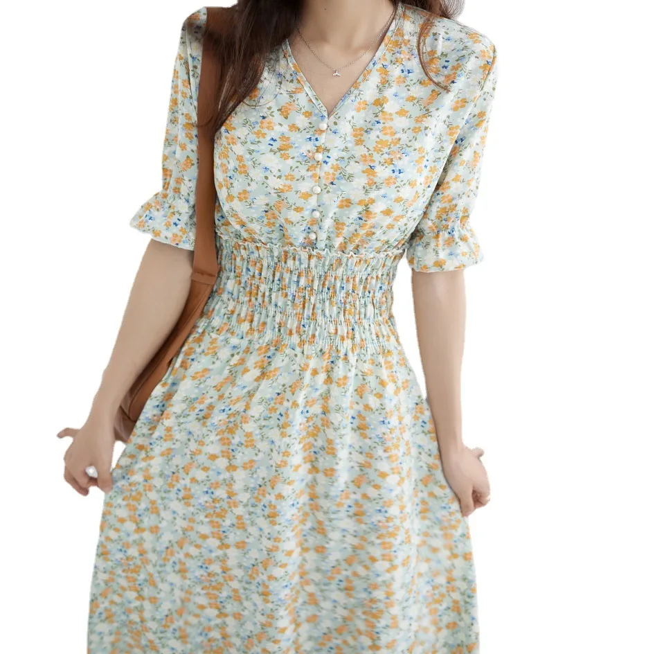 

Summer Floral Green Dress Women High Waist Skinny Elegant Lady V-Neck Chiffon Long Vintage Sexy Party Night Maxi Dresses Woman