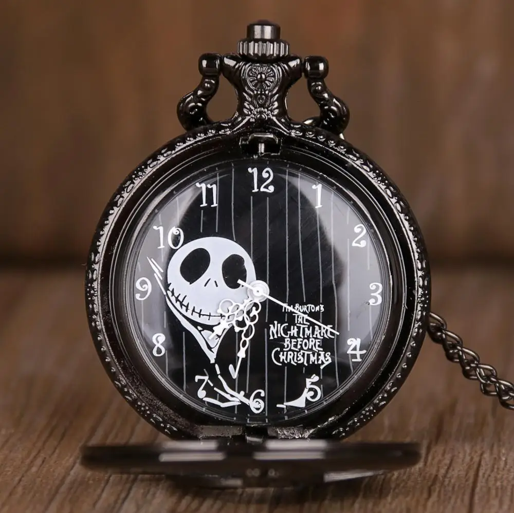 Горячая продажа черные Sally Jack Skellington дизайн кварцевые карманные часы ожерелье