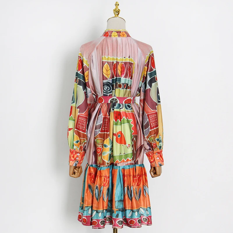 

Vintage Hit Color Dress For Women Stand Collar Flare Long Sleeve High Waist Lace Up Midi Dresses Females Summer New