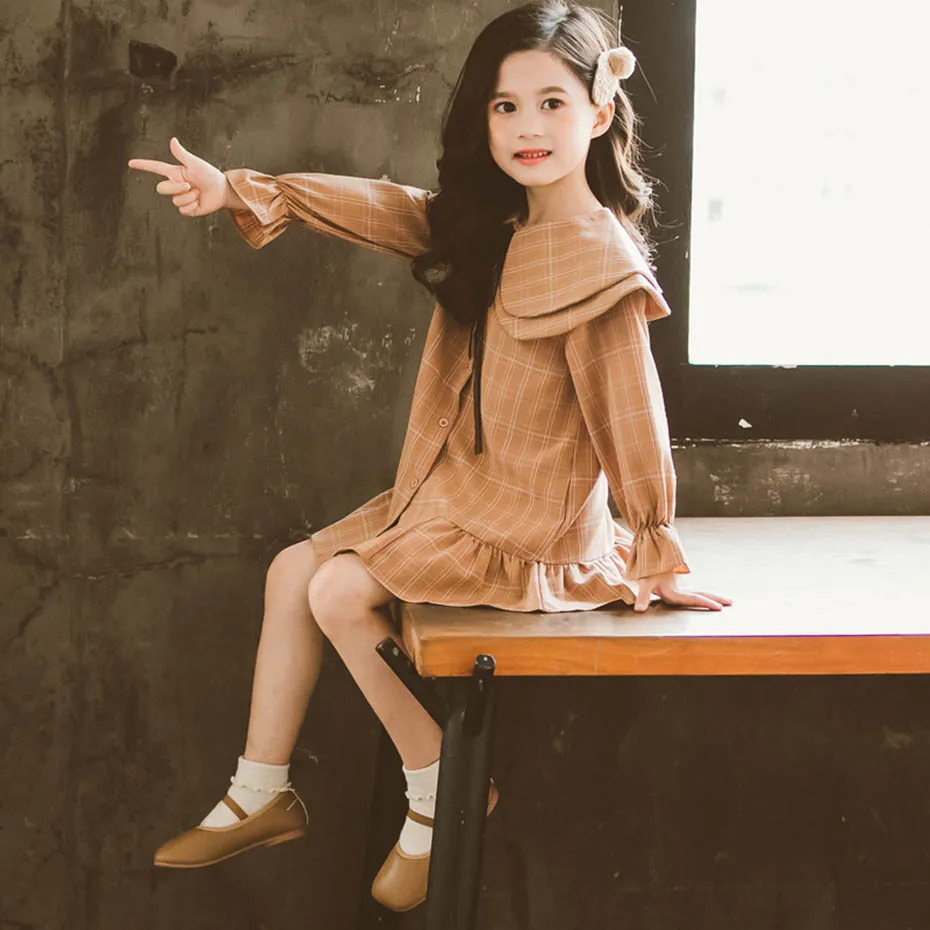 Платье для девочек платья в клетку детское платье с расклешенными рукавами и