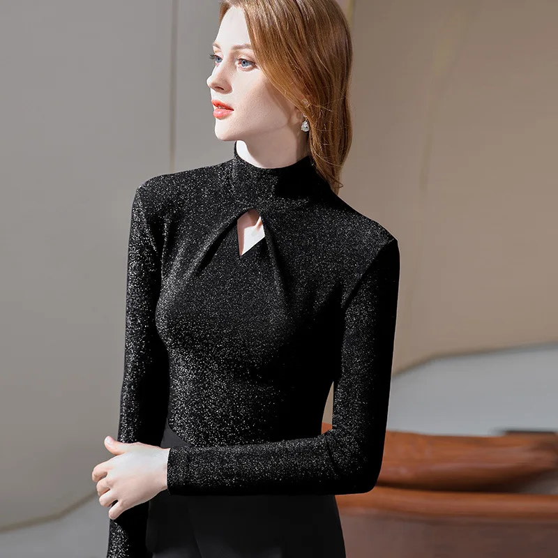 

Women's 2021 spring and autumn with long sleeve T-shirt hollow bottoming top bright silk design top
