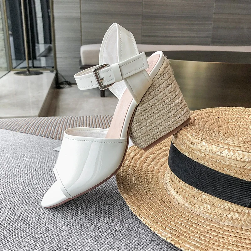 

2020 Women Wedges Heel Summer Genuine Leather Platform Sandals Ladies Gladiator Green White Red Wedding Party Shoes Woman 38 39