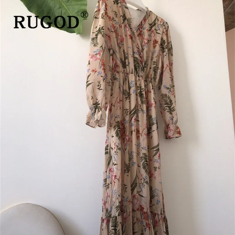 RUGOD Spring Boho Chic Retro Chiffon Korean Floral Maxi Dress Women Elegant Sweet Tops Casual Ladies Dresses Woman Party Night | Женская