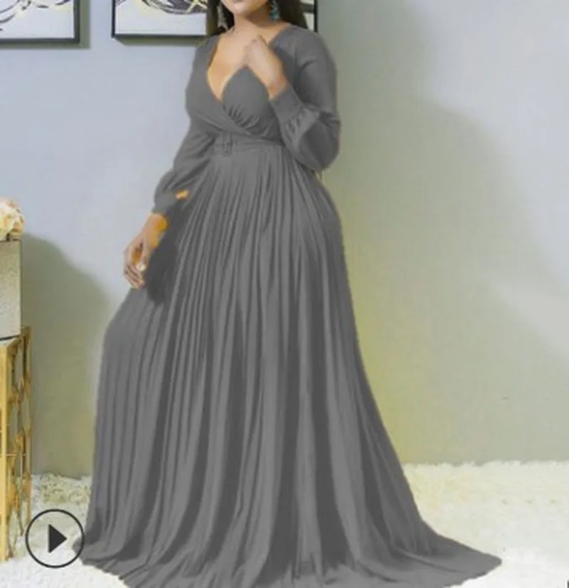 Женское платье Макси плиссированные платья с завышенной талией поясом и v