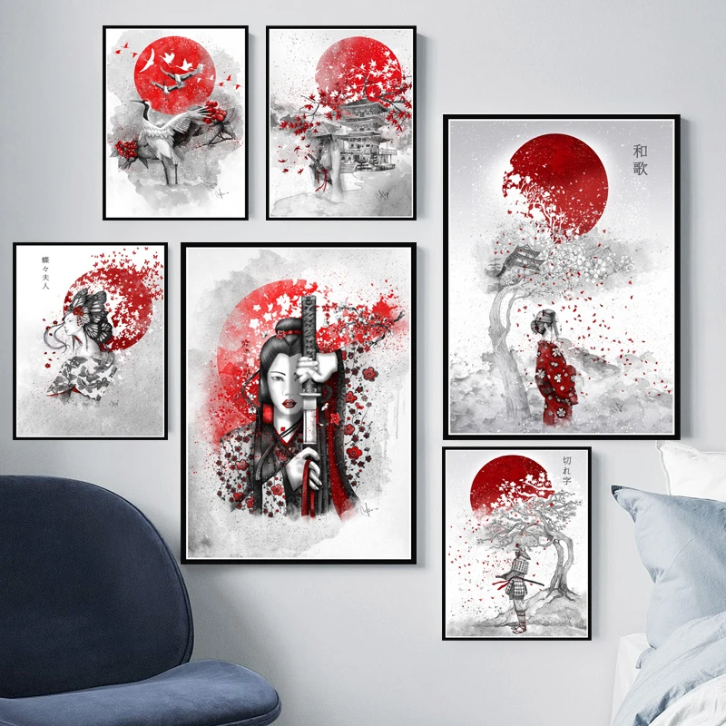 Классический японский плакат Zen Ink Bushido Samurai Kanji Картина на холсте для мальчиков