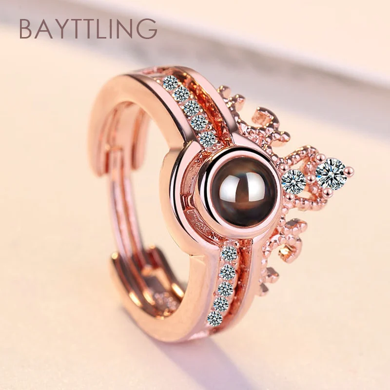 

BAYTTLING Silver Color Crown 100 Languages I Love You Open Zircon Ring For Women Fashion Jewelry Gift Couple Ring
