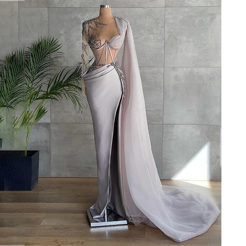 

Женское вечернее платье-Русалка It's yiiya, атласное платье с высоким разрезом сбоку, расшитое бисером, с длинными рукавами на заказ на лето 2019