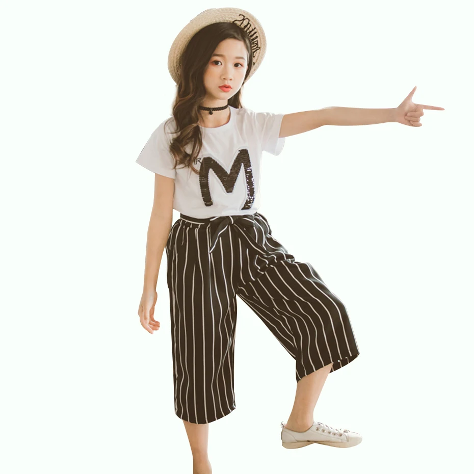 Одежда для девочек футболка + широкие штаны в полоску детская одежда из 2