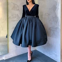 lorie navy blue long sleeve evening dresses tea length v neck evening gowns for women 2020 formal short prom dress with pockets