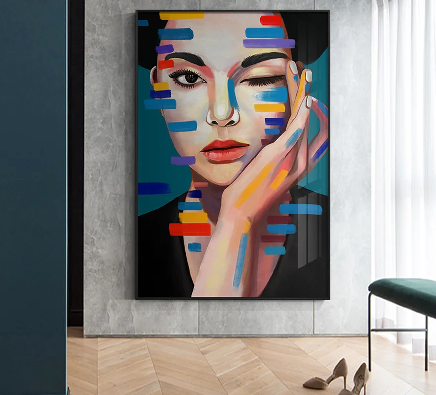 

Colorful Woman Abstract 5D DIY Poured Glue Diamond Painting Kits Scalloped Edge Wall Art Pictures Living Room Nordic Home Decor