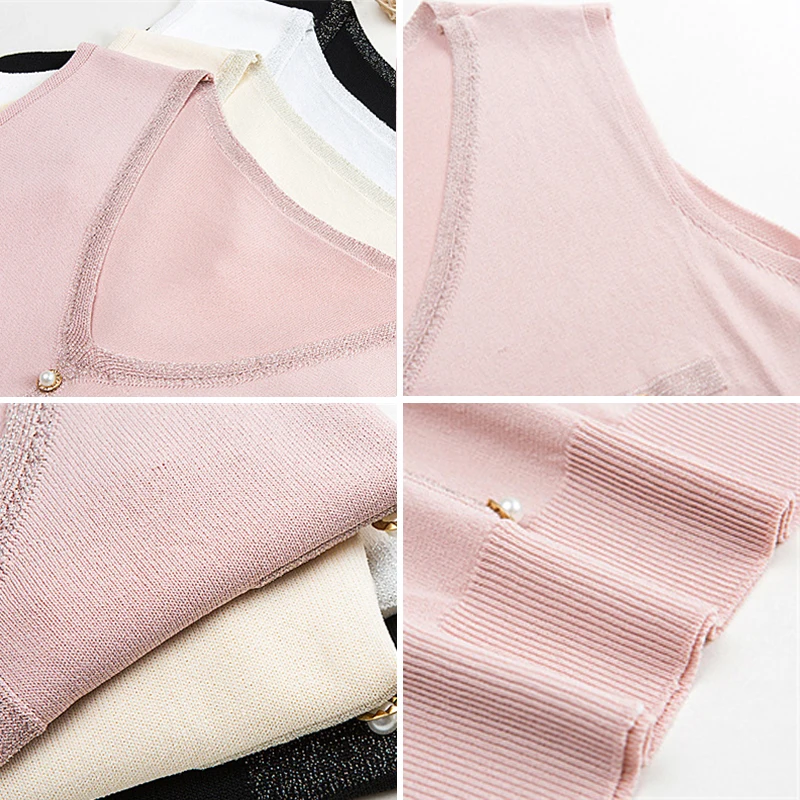

Casual Bright Silk Patchwork Sleeveless T-Shirt Women Fashion V-Neck Knitted Tank Tops Large Size Summer Thin Vest Base Tees