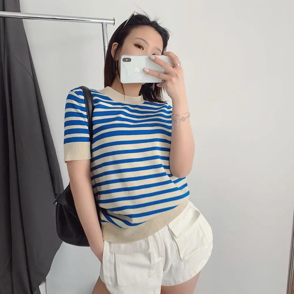 

2021 Summer Blue Gradient Stripe Age-Reducing Knitwear Navy Style Short Sleeve T-shirt Women's Top