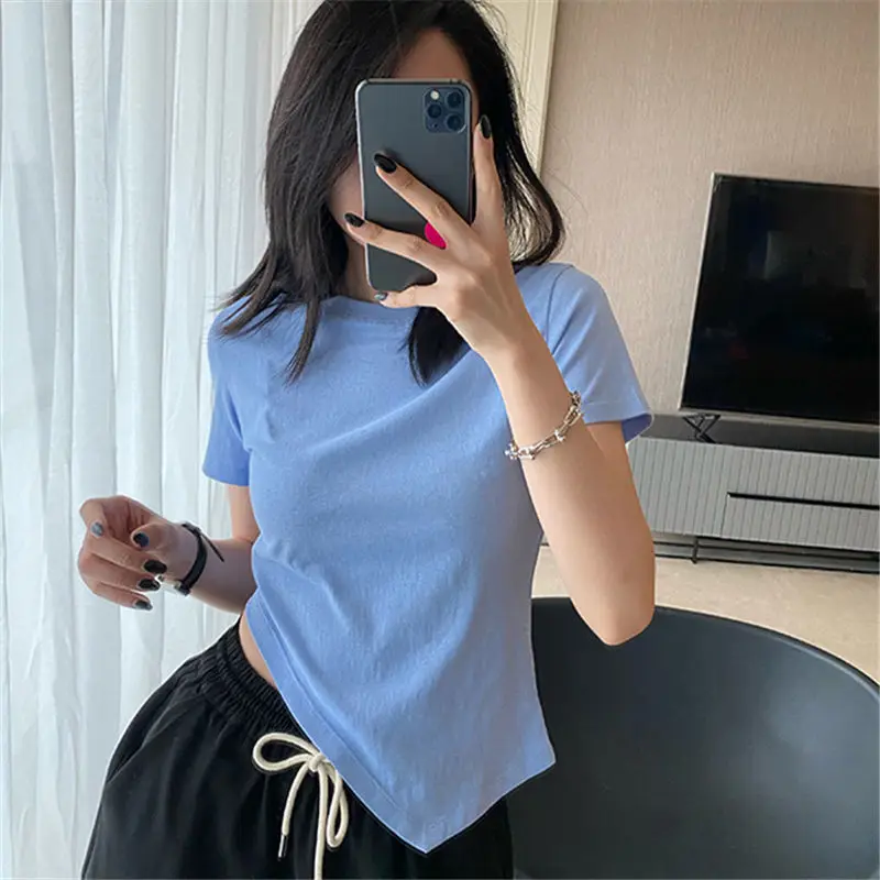 

2021 Women Summer T-Shirt New Korean Fashion Harajuku Slim Short Sleeve Loose Top Irregular Casual Blue Black T-Shirt YM252