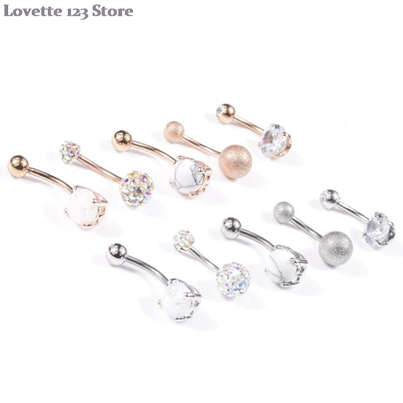 

5Pcs/set New Style Women Navel Button Rings Rose Gold Medical Steel Rhinestone Body Jewelry