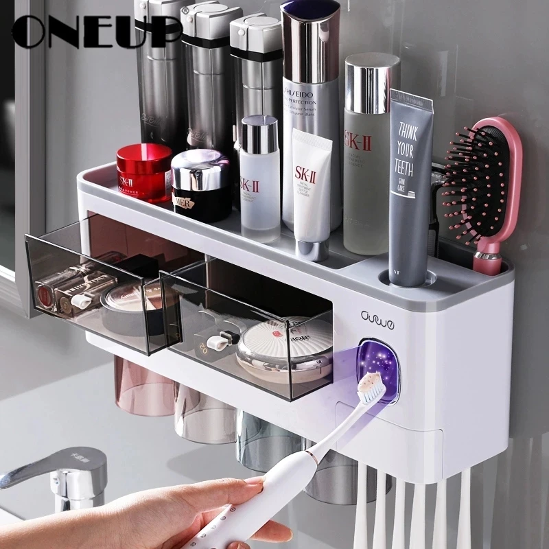 

LWZH Automatic Toothpaste Dispenser Squeezer Magnetic Toothbrush Holder with Cup Bathroom Accessories Home Storage Rack