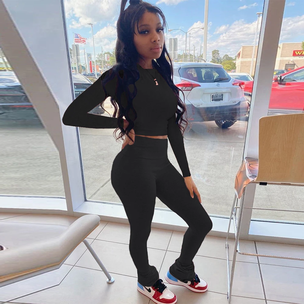 

Pink/black/grey Casual Women Fitness Two Piece Pant Suits Simple Long Sleeve Crew Neck Crop Top and Stacked Extra-long Trousers