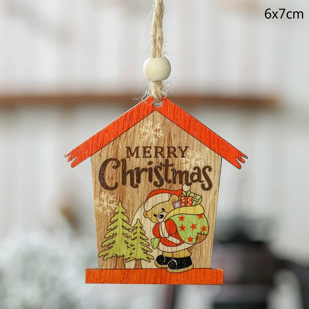 Merry Christmas Elk Деревянные Подвески, украшения орнамент с рождественской елкой DIY деревянные поделки детский подарок украшения для дома Рождественская вечеринка - Цвет: bear   house