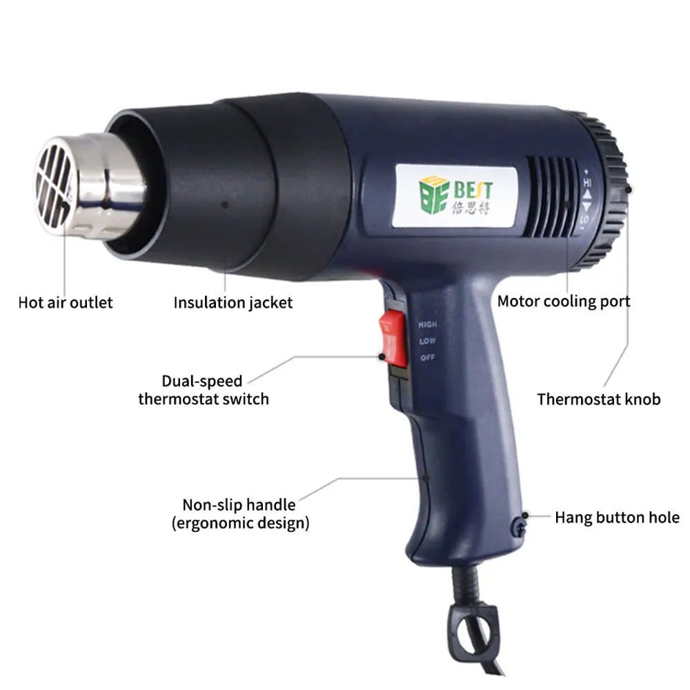 

Heat shrinkable film hot air gun Best plastic welding temperature adjustable 1600W floor film electric baking gun