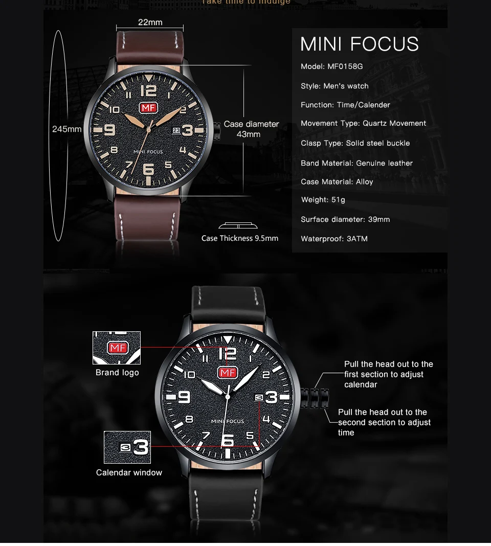 Новинка 2019 модные мужские кварцевые часы MINI FOCUS с зеленым циферблатом