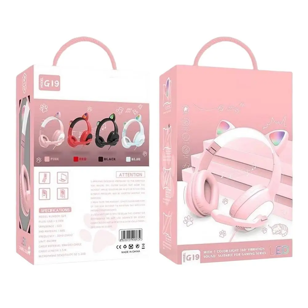 

G19 Pink Cat Ear Cute Girl Gaming Headset With Mic Noise Reduction HiFi Stereo Music RGB Flash Light Kid Girl Wired Headphone