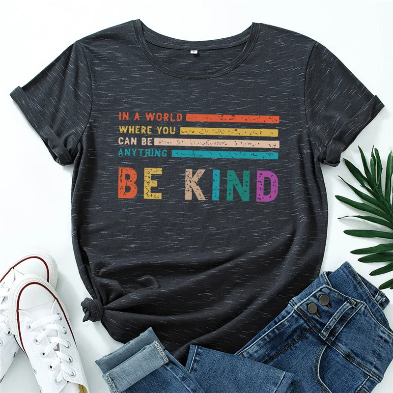 

Be Kind T Shirt Women 100% Cotton Plus Size Vintae Rainbow Print Graphic Tees Short Sleeve Summer T-shirt Casual Tops