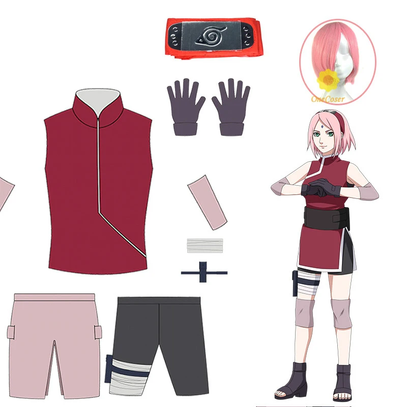 Аниме Сакура Харуно косплей красный костюм розовый парик повязка на голову сумка