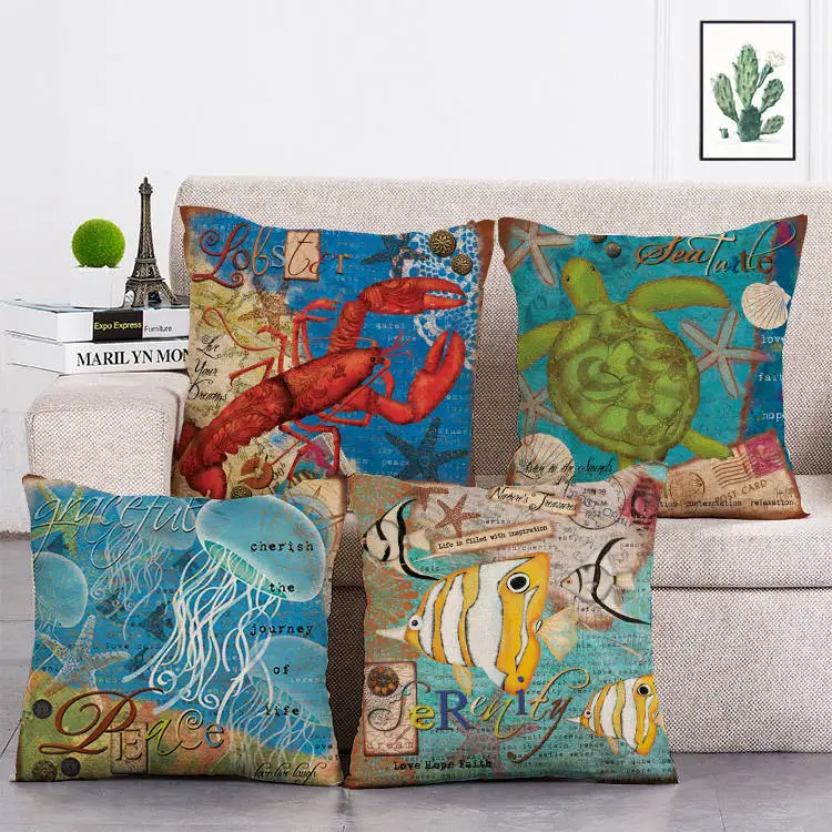 

Crab Pillow Cover Home Decor Ocean Sea Cotton Linen Animal Print Sofa Beach Lobster Throw Cushion Cover 45x45cm T163