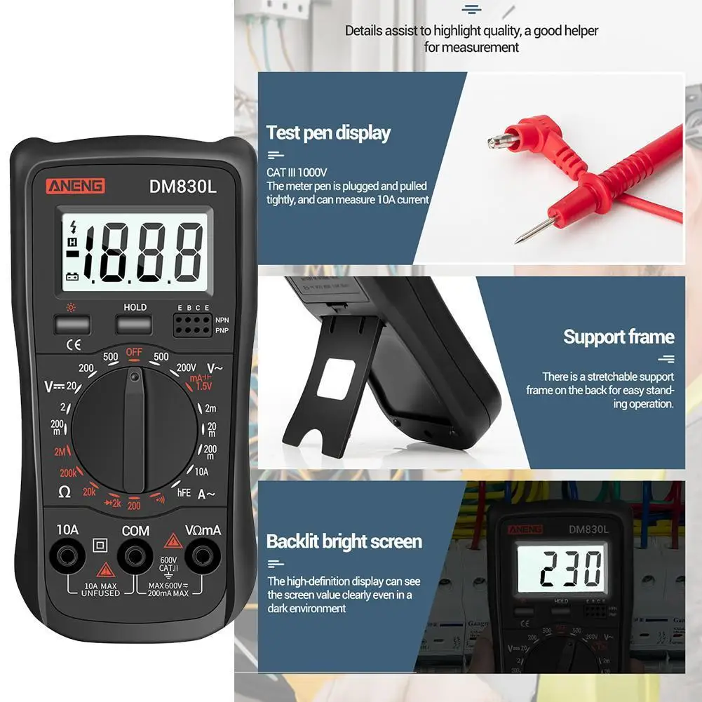 

Digital LCD Multimeter Voltmeter OHM-Meter AMP-Meter AC/DC Volt Electrical Test Transistor NCV Meter Meter Display Bright T A8O4