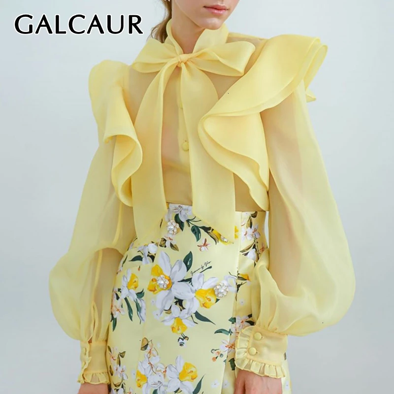 Женская шифоновая рубашка с бантом GALCAUR Элегантная блузка рукавами фонариками и