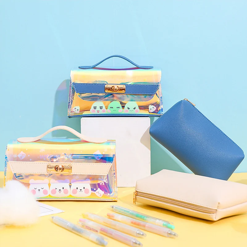 

Holographic Makeup Cosmetic Bag Iridescent Large Makeup Pouch Travel Organizer Pencil Case 2pcs Set New Arrival