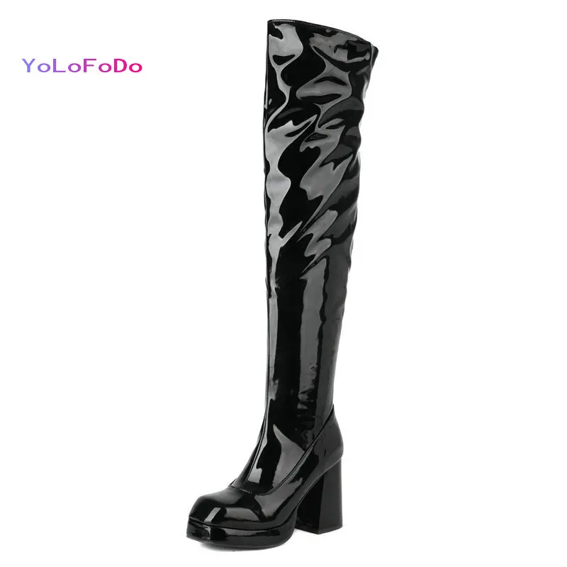 

2021 Autumn Winter Women Over the Knee Boots Platform Thick High Heel Ladies Thigh Boots Patent PU Leather Square Toe Shoes