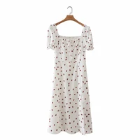 summer women strawberry printing side slit midi dress female puff sleeve clothes leisure lady loose vestido d7997