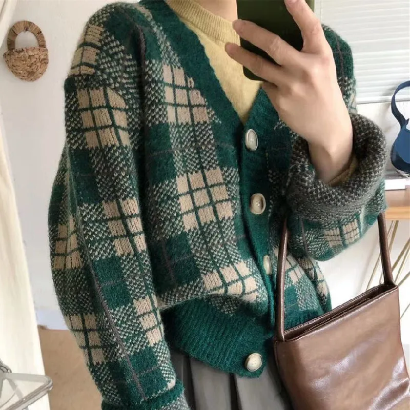 

Women's Vintage Knitting Cardigan Sweaters Plaid V-Neck Single Breasted Long Sleeves Knitting Cardigans Winter Spring 2021