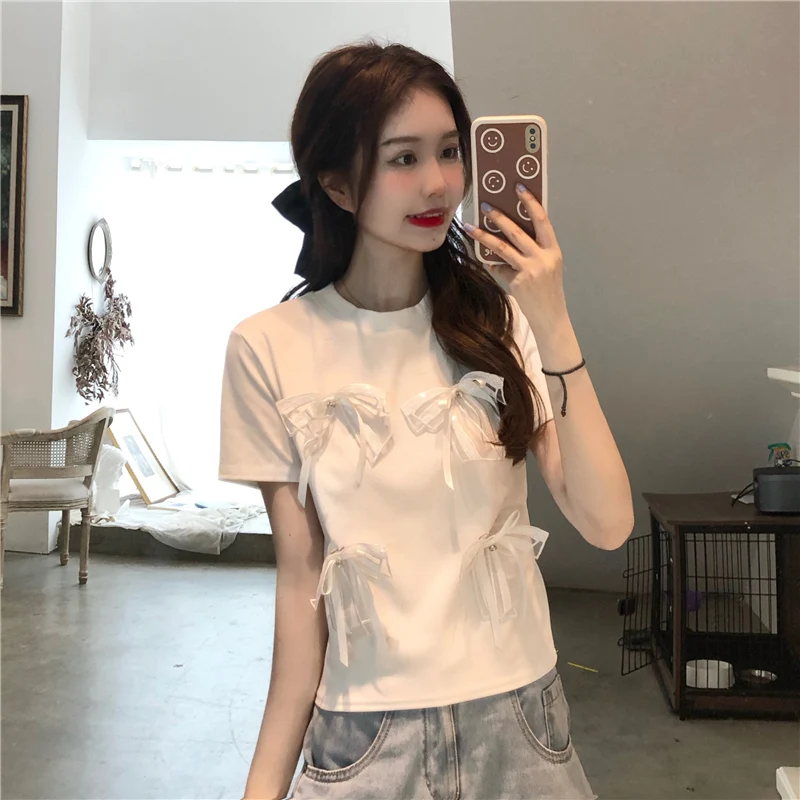 

YTX616 Trend summer 2021 new design sense black bow short-sleeved T-shirt women