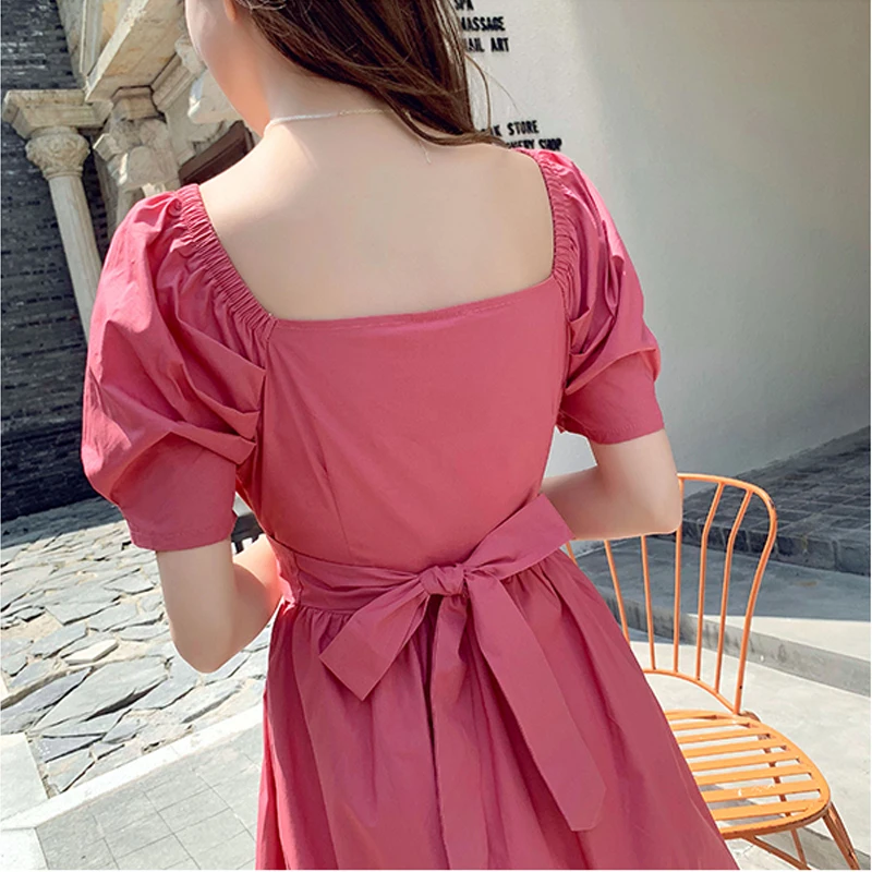 

Pink Bow Strap V-neck Female Short Sleeve Dress 2020 Summer A- line Dress High-Waisted Cotton Puff Sleeve V-neck Dress 192F