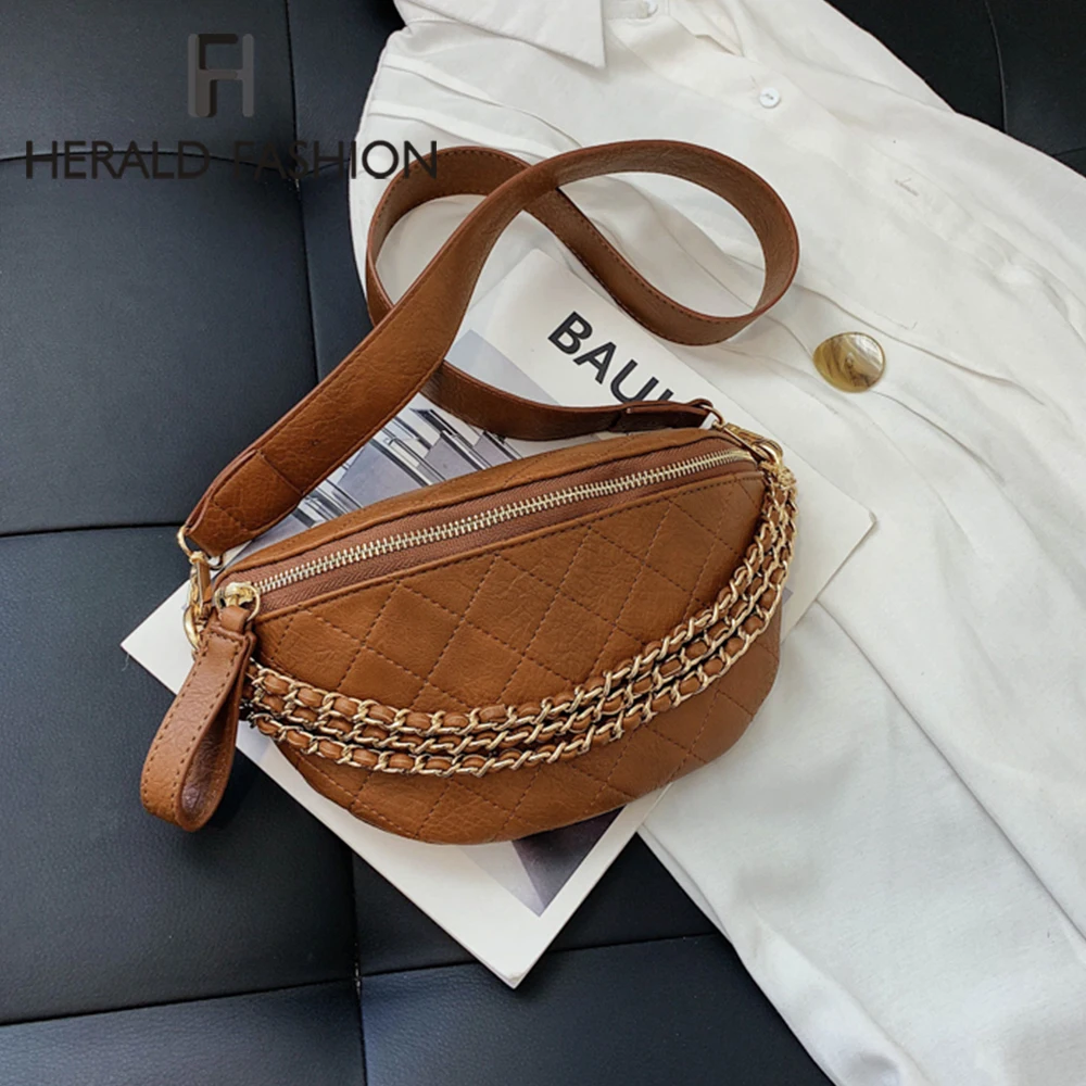 

2021 New In Messenger Bag Women Letter Chains Single Shoulder Chest PU Leather Handbag and Purse Wide Straps Day Clutches