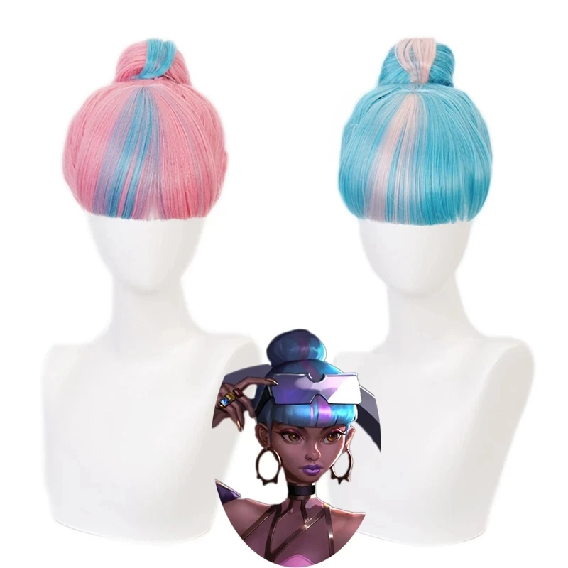

True Damage Qiyana Pink Blue Wig With Bun Cosplay Costume Heat Resistant Synthetic Hair Women Party Wigs