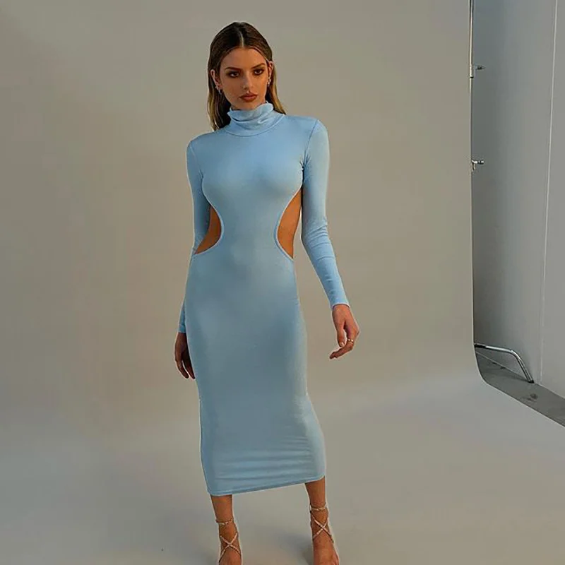 

ZOVSV 2021 осеннее платье средней длины с длинным рукавом и вырезами, Клубные наряды для женщин, элегантное модное сексуальное облегающее плать...