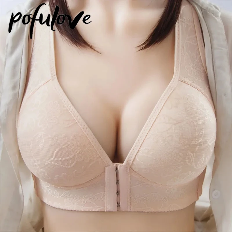 

Front Buckle Bra for Women Plus Size Push Up Bras Front Closure Brassiere Wire Free Seamless Bralette Floral Female Lingerie