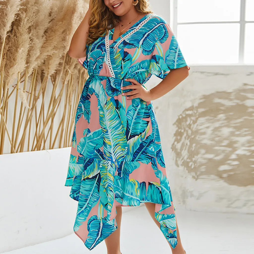 Женское платье с тропическим принтом V-образным вырезом и коротким рукавом |
